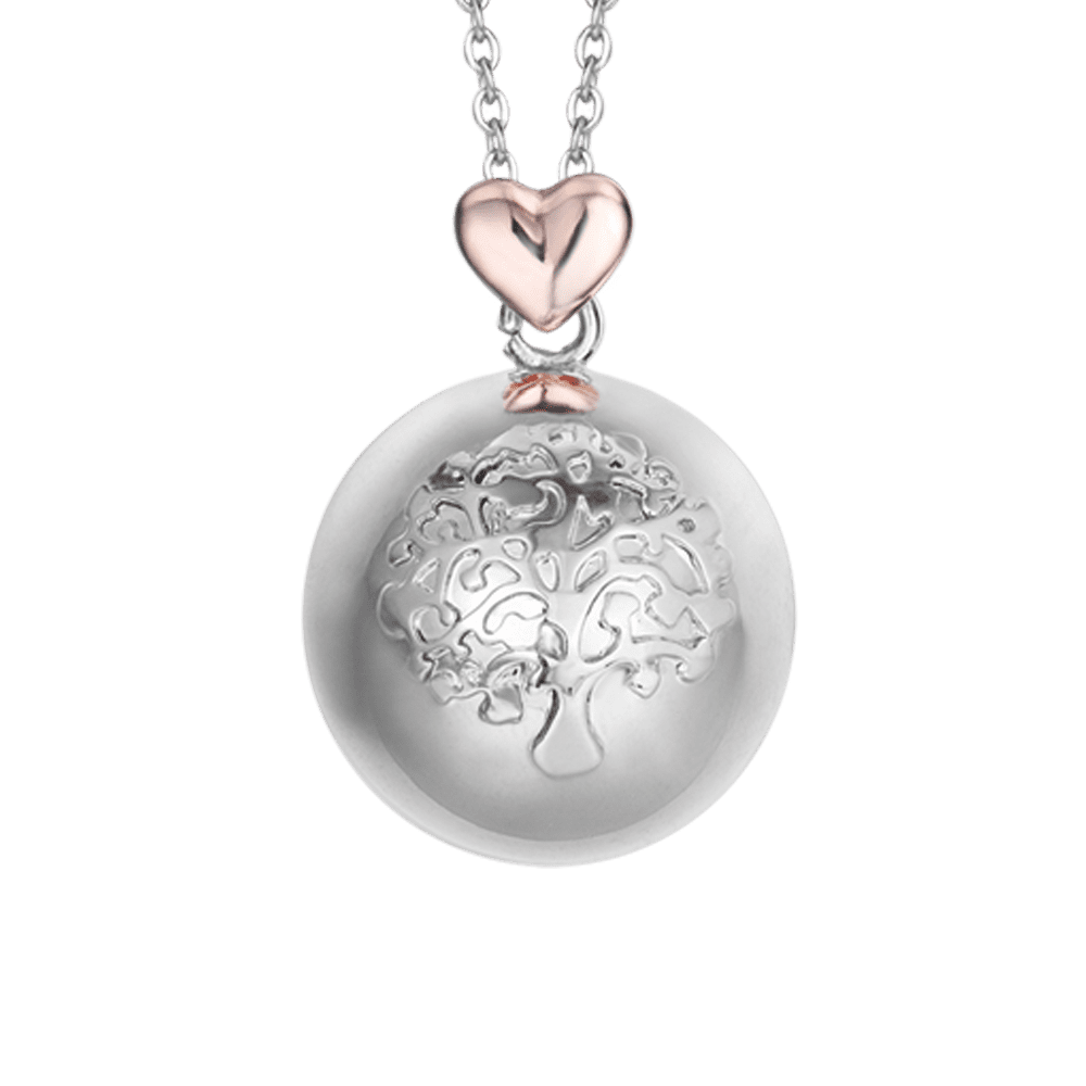 COLLANA CHIAMA ANGELI IN ACCIAIO,SFERA IN METALLO CON ALBERO DELLA VITA E CUORE