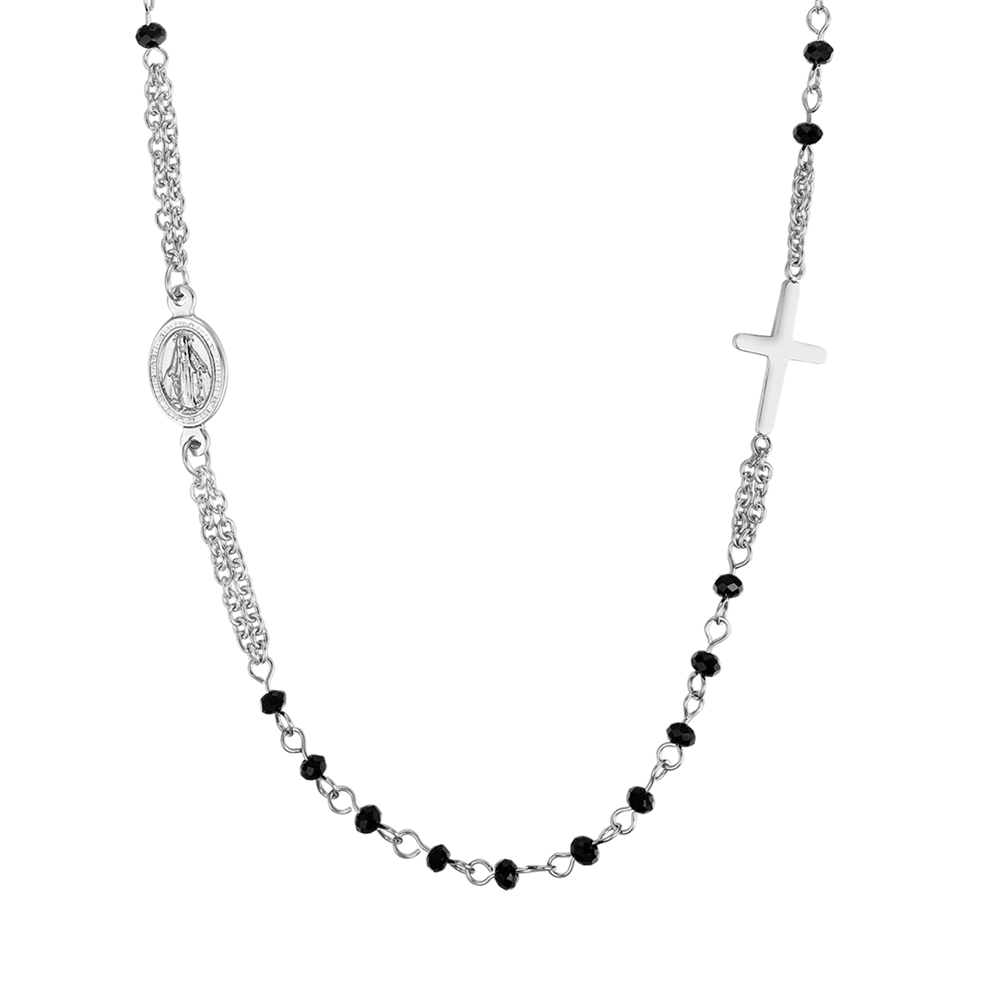 COLLANA DONNA ROSARIO IN ACCIAIO CON CRISTALLI NERI