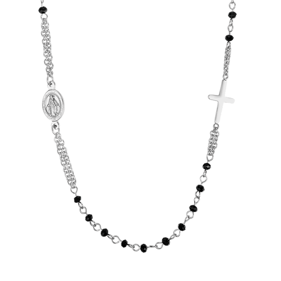 COLLANA DONNA ROSARIO IN ACCIAIO CON CRISTALLI NERI