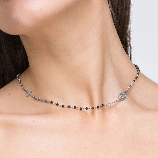 COLLANA DONNA ROSARIO IN ACCIAIO CON CRISTALLI NERI