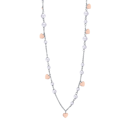 COLLANA IN ACCIAIO CON PERLE BIANCHE E CUORI IP ROSE