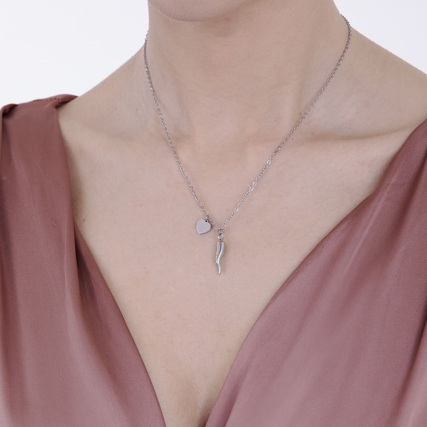 COLLANA DONNA IN ACCIAIO CON CUORE E CORNO Luca Barra