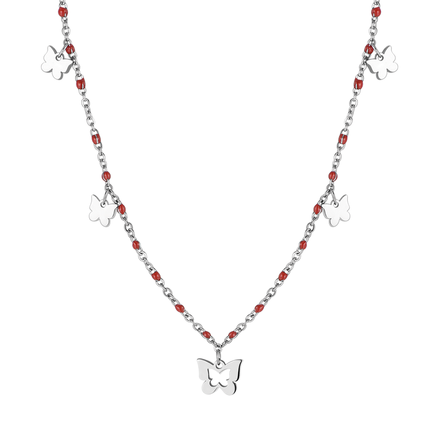 COLLANA IN ACCIAIO CON FARFALLE E PIETRE ROSSE Luca Barra