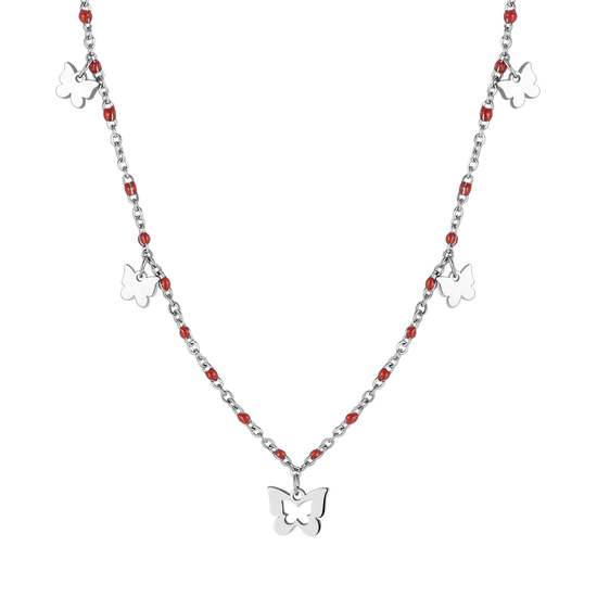 COLLANA IN ACCIAIO CON FARFALLE E PIETRE ROSSE Luca Barra