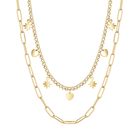 COLLANA DONNA IN ACCIAIO IP GOLD MULTIFILO CON STELLE E CUORI