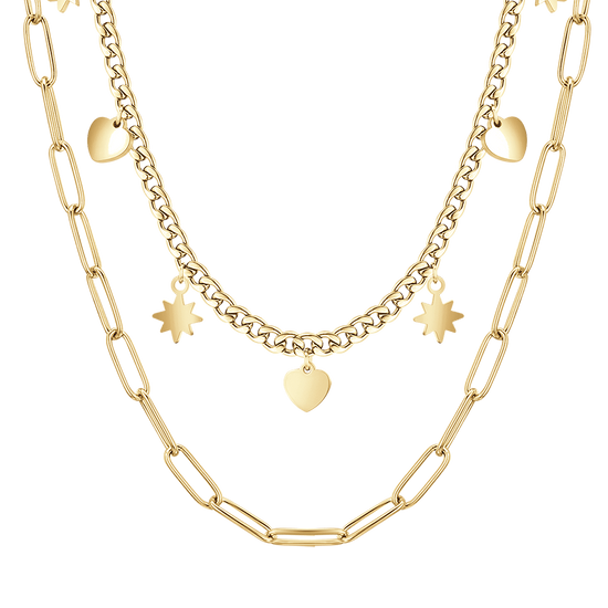 COLLANA DONNA IN ACCIAIO IP GOLD MULTIFILO CON STELLE E CUORI