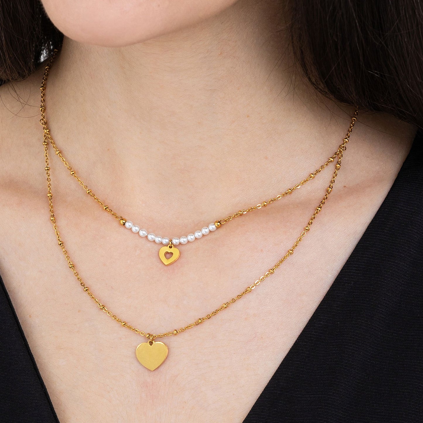 COLLANA DONNA IN ACCIAIO IP GOLD CON CUORI E PERLE BIANCHE Luca Barra