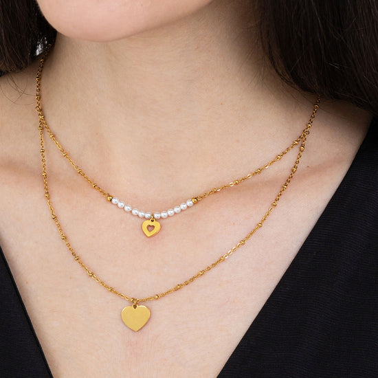 COLLANA DONNA IN ACCIAIO IP GOLD CON CUORI E PERLE BIANCHE