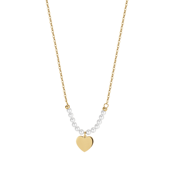 COLLANA DONNA IN ACCIAIO IP GOLD CON CUORE E PERLE BIANCHE