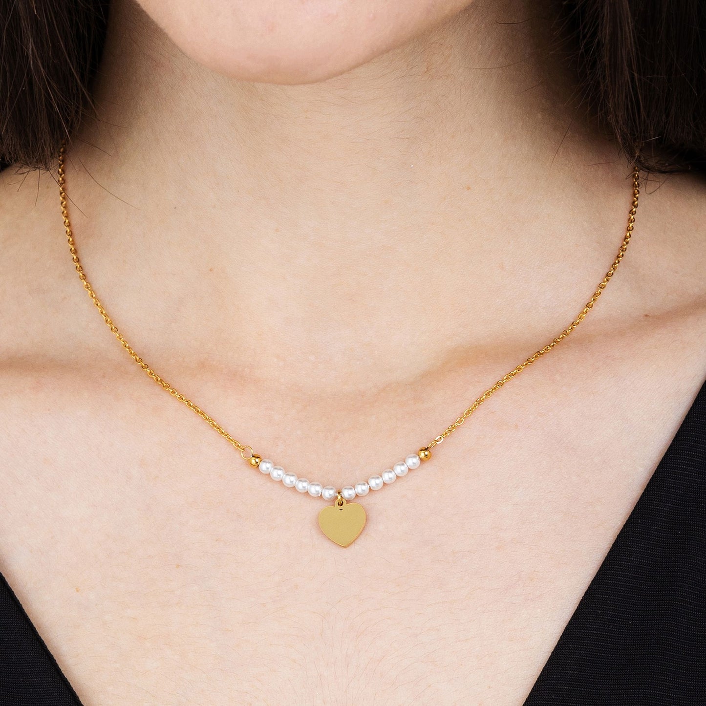 COLLANA DONNA IN ACCIAIO IP GOLD CON CUORE E PERLE BIANCHE