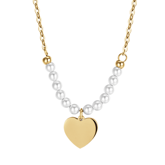 COLLANA DONNA IN ACCIAIO IP GOLD CON CUORE E PERLE BIANCHE