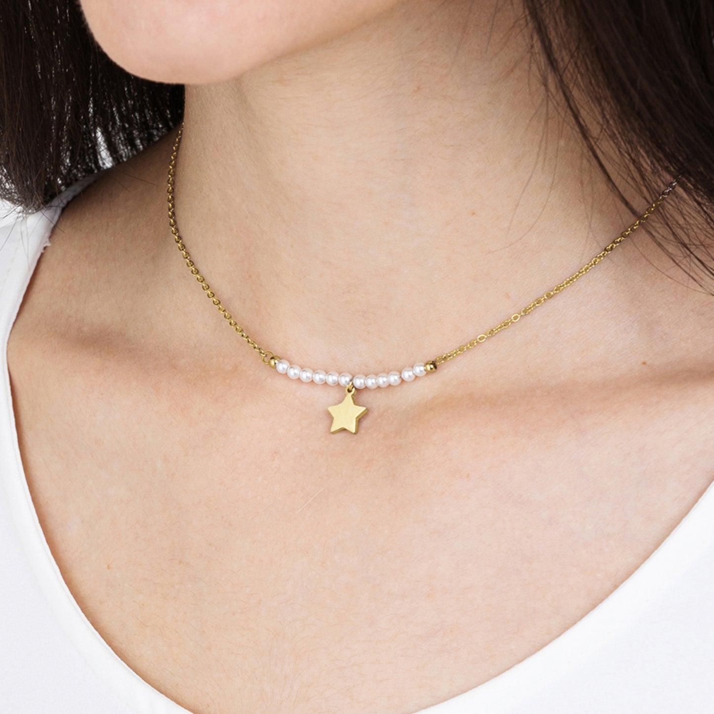 COLLANA DONNA IN ACCIAIO IP GOLD CON STELLA E PERLE BIANCHE