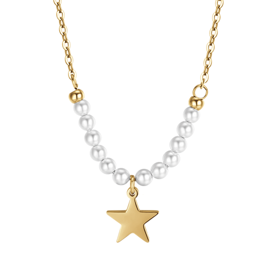 COLLANA DONNA IN ACCIAIO IP GOLD CON STELLA E PERLE BIANCHE