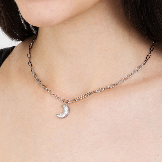 COLLANA DONNA IN ACCIAIO CON LUNA E CRISTALLI BIANCHI