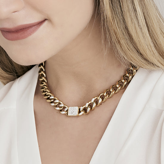 COLLANA DONNA IN ACCIAIO IP GOLD CON CRISTALLI BIANCHI PENDENTI E MAGLIA CATENA