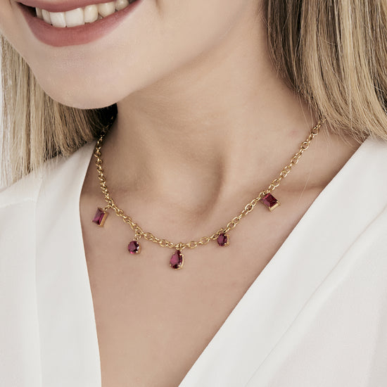 COLLANA DONNA IN ACCIAIO IP GOLD CON CRISTALLI FUCSIA PENDENTI