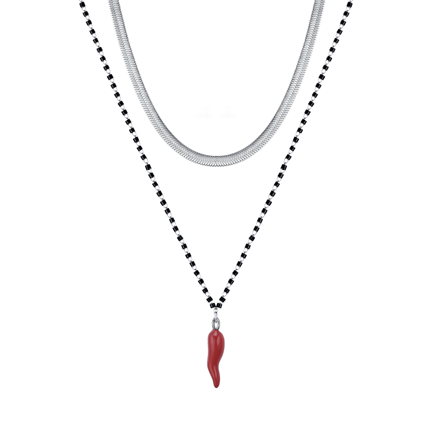 COLLANA DONNA IN ACCIAIO CON CORNO CON SMALTO ROSSO ED ELEMENTI NERI