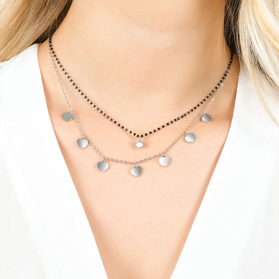 COLLANA DONNA IN ACCIAIO CON CUORI, ELEMENTI IP NERO E CRISTALLO BIANCO