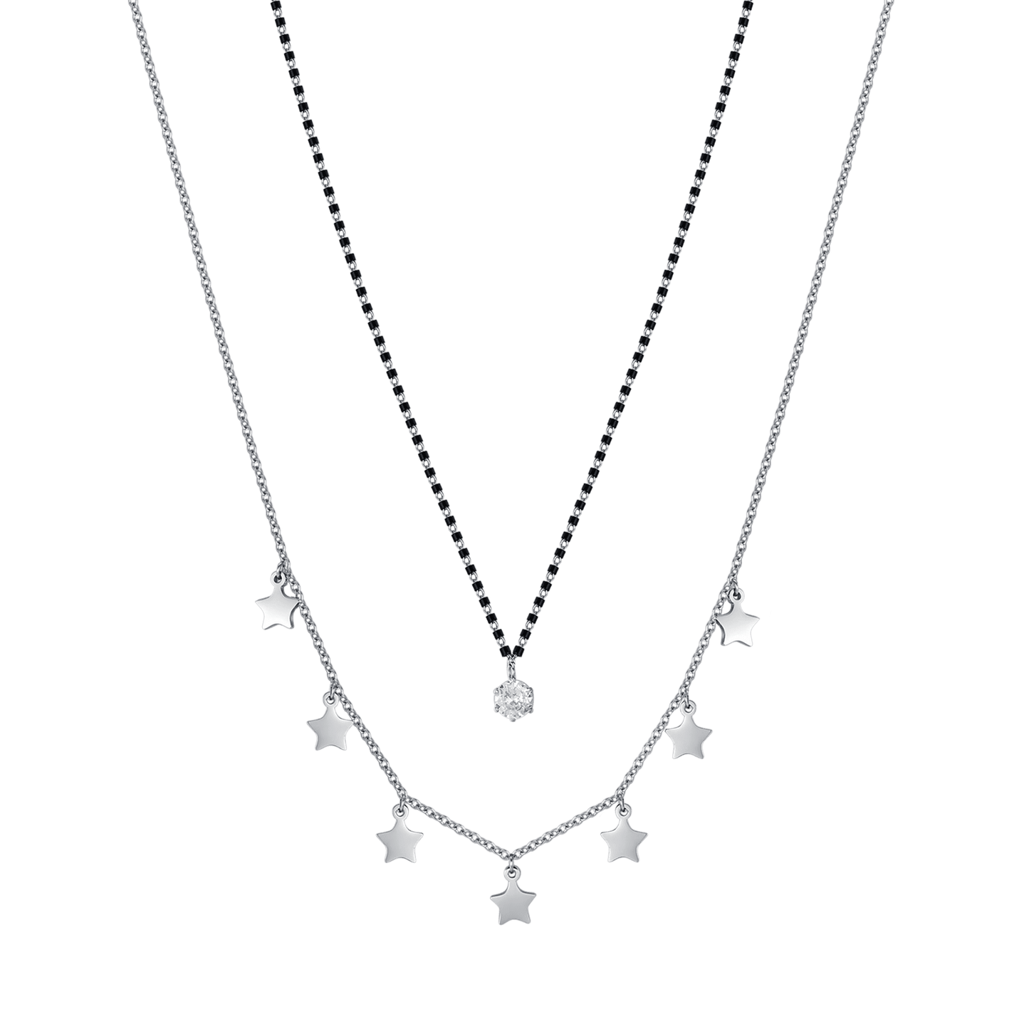 COLLANA DONNA IN ACCIAIO CON STELLE, ELEMENTI IP NERO E CRISTALLO BIANCO