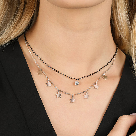 COLLANA DONNA IN ACCIAIO CON STELLE, ELEMENTI IP NERO E CRISTALLO BIANCO