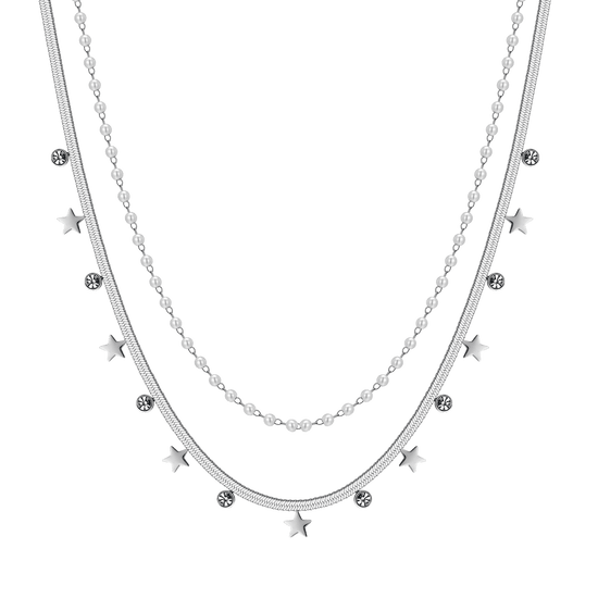 COLLANA DONNA IN ACCIAIO CON PERLE BIANCHE, STELLE E CRISTALLI