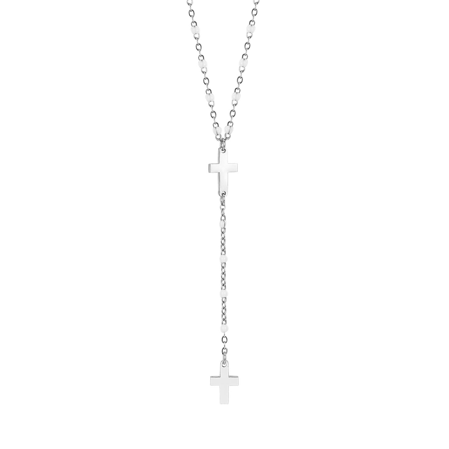 COLLANA ROSARIO DONNA IN ACCIAIO CON CROCI ED ELEMENTI BIANCHI