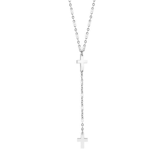 COLLANA ROSARIO DONNA IN ACCIAIO CON CROCI ED ELEMENTI BIANCHI