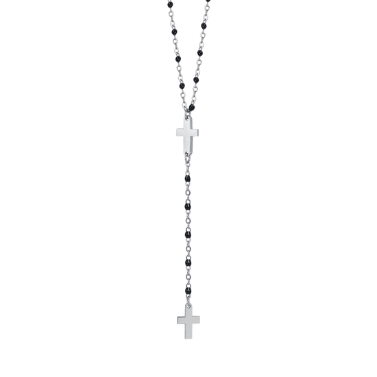 COLLANA ROSARIO DONNA IN ACCIAIO CON CROCI ED ELEMENTI NERI