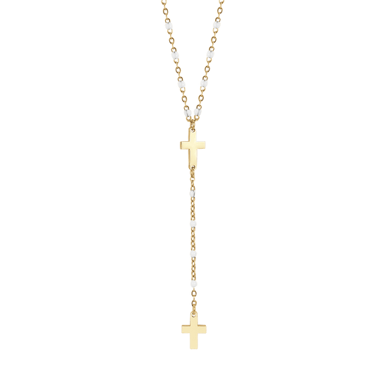 COLLANA ROSARIO DONNA IN ACCIAIO IP GOLD CON CROCI ED ELEMENTI BIANCHI