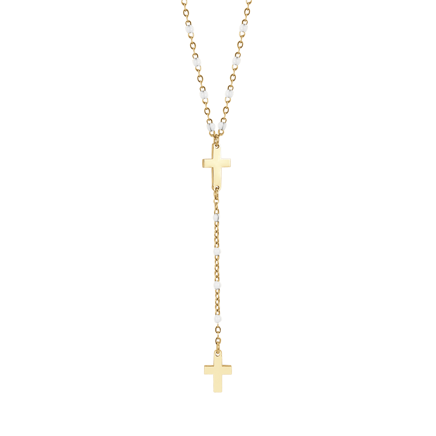 COLLANA ROSARIO DONNA IN ACCIAIO IP GOLD CON CROCI ED ELEMENTI BIANCHI