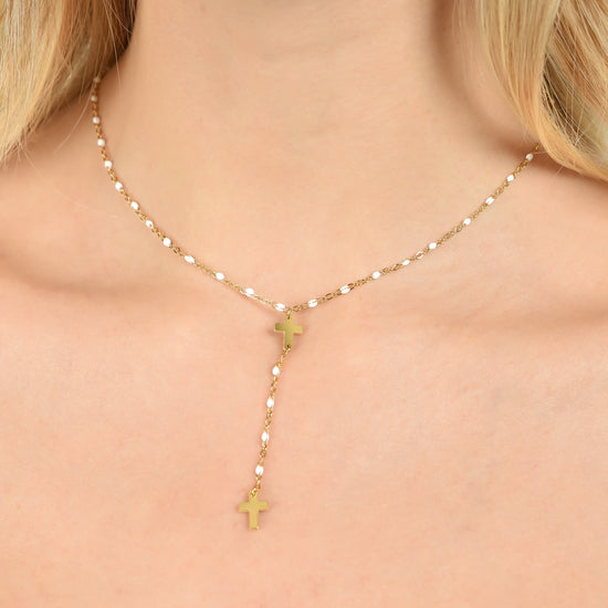 COLLANA ROSARIO DONNA IN ACCIAIO IP GOLD CON CROCI ED ELEMENTI BIANCHI