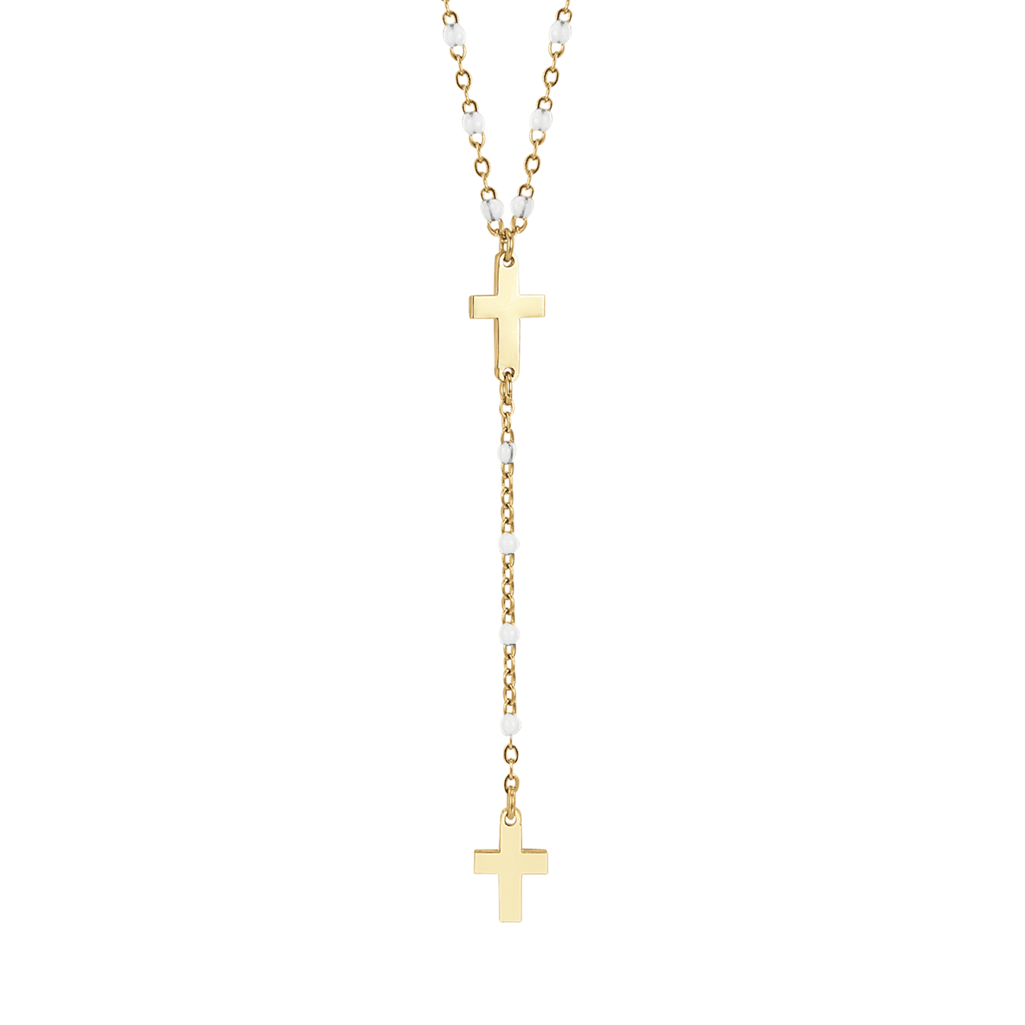 COLLANA ROSARIO DONNA IN ACCIAIO IP GOLD CON CROCI ED ELEMENTI BIANCHI