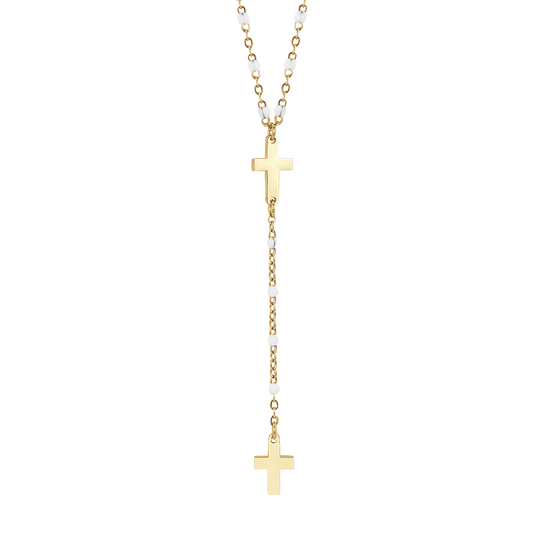 COLLANA ROSARIO DONNA IN ACCIAIO IP GOLD CON CROCI ED ELEMENTI BIANCHI