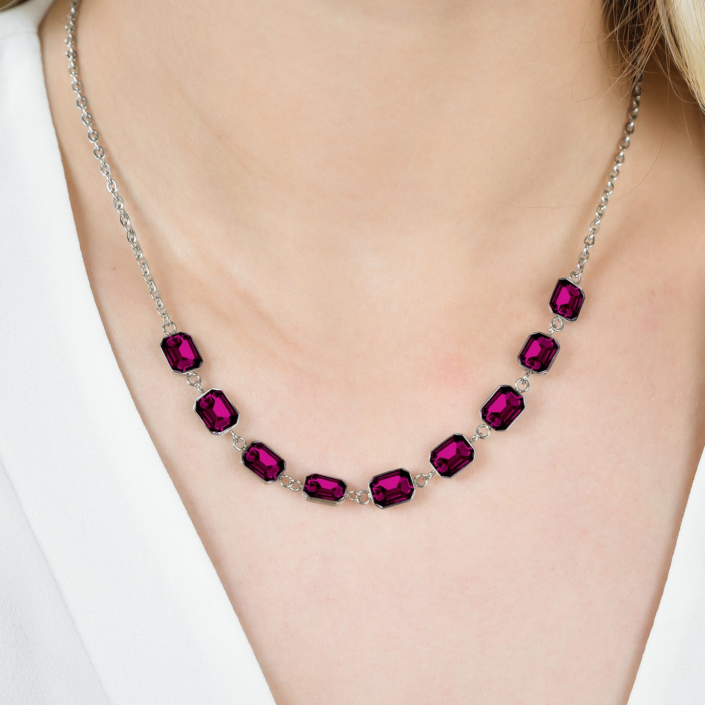 COLLANA DONNA IN ACCIAIO CON CRISTALLI FUCSIA