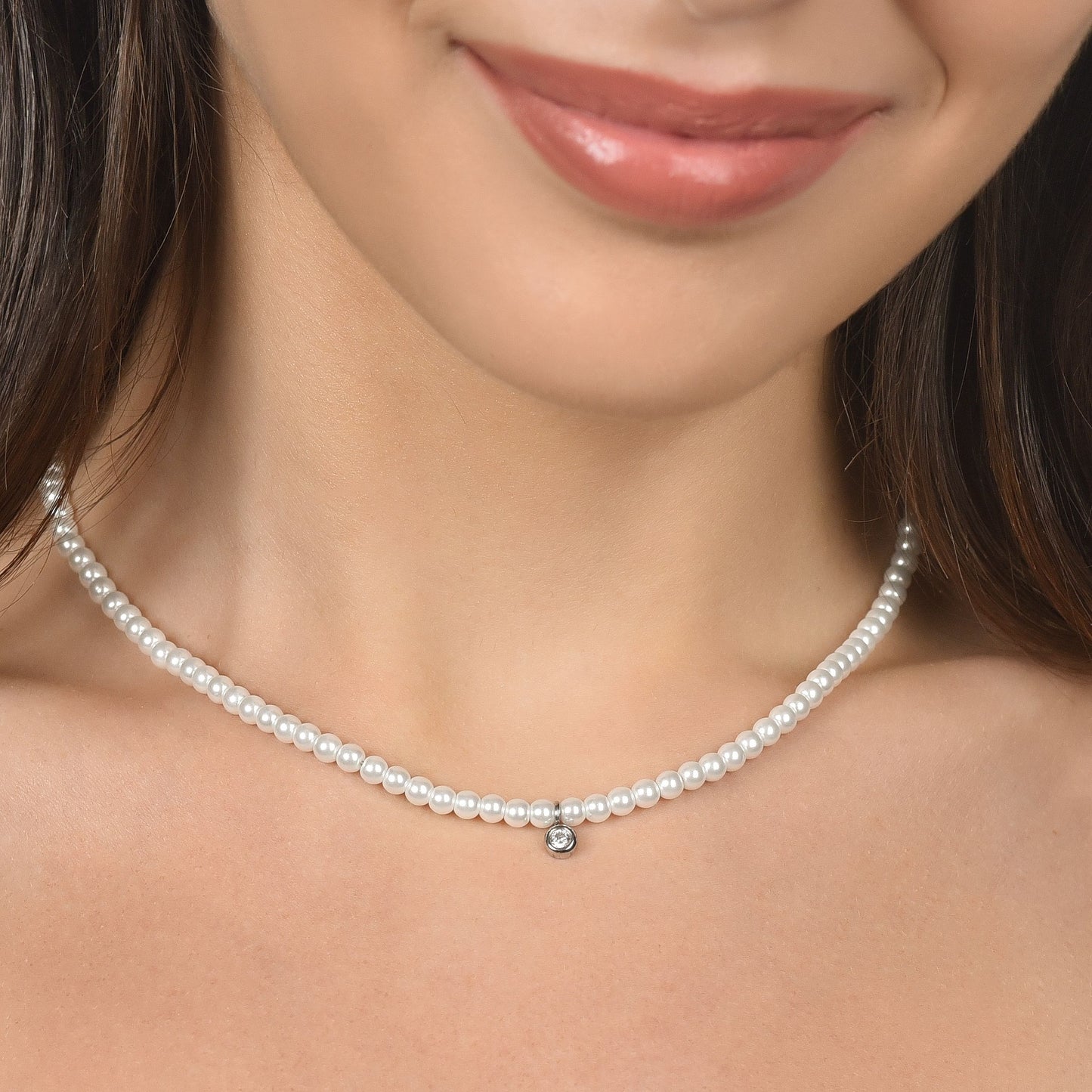 COLLANA DONNA IN ACCIAIO CON PERLE CON CRISTALLO BIANCO