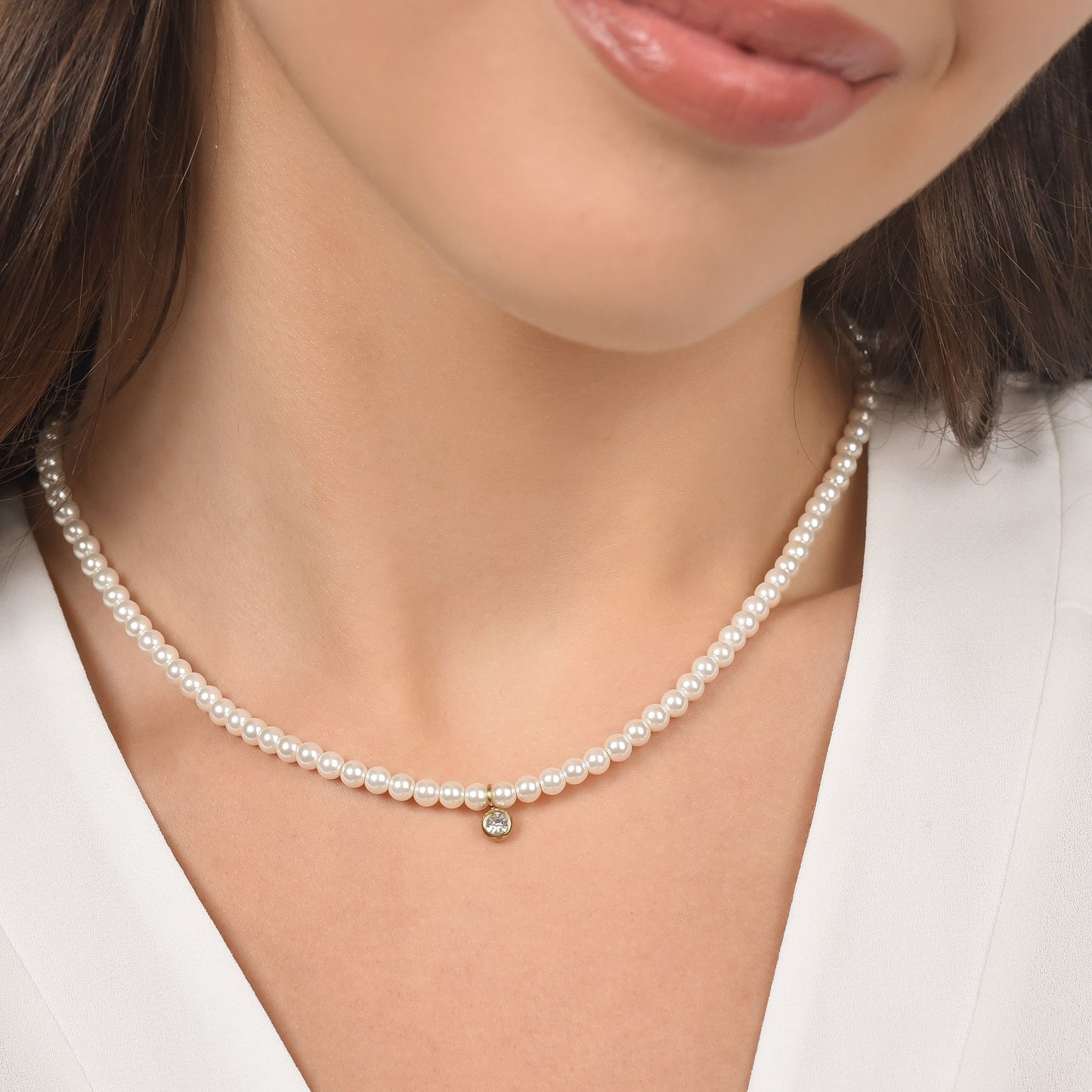 COLLANA DONNA IN ACCIAIO IP GOLD CON PERLE CON CRISTALLO BIANCO