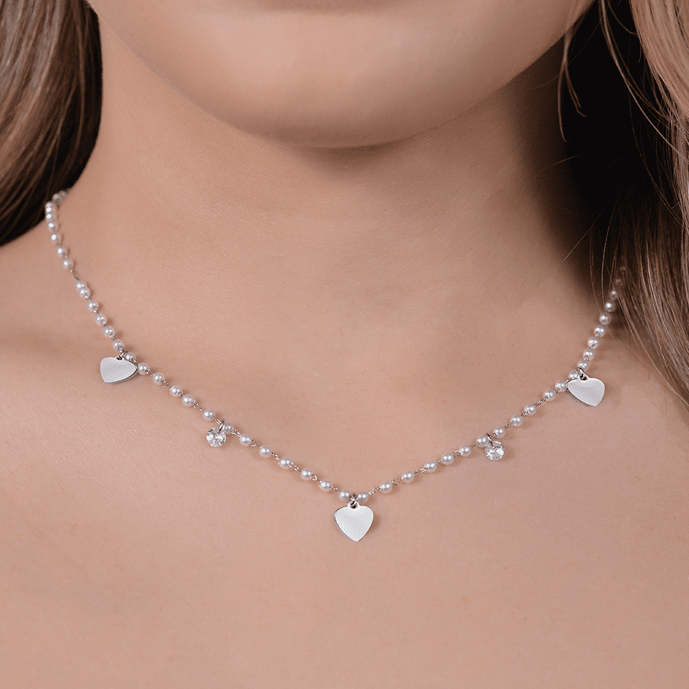 COLLANA DONNA IN ACCIAIO PERLE CON CUORI