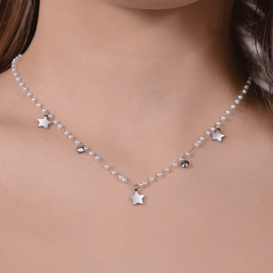 COLLANA DONNA IN ACCIAIO PERLE CON STELLE