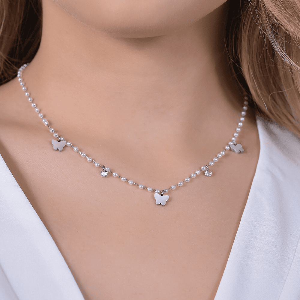 COLLANA DONNA IN ACCIAIO PERLE CON FARFALLE