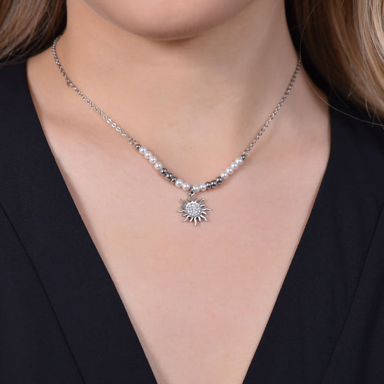 COLLANA DONNA IN ACCIAIO CON PERLE E SOLE