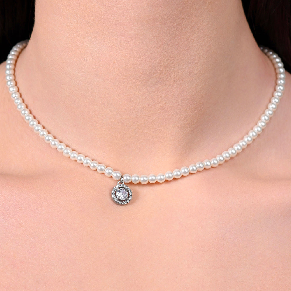 COLLANA DONNA IN ACCIAIO PERLE E ZIRCONE BIANCO