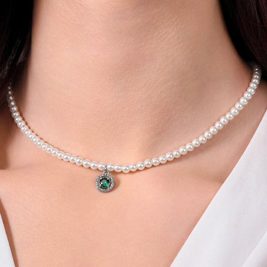 COLLANA DONNA IN ACCIAIO PERLE E ZIRCONE VERDE