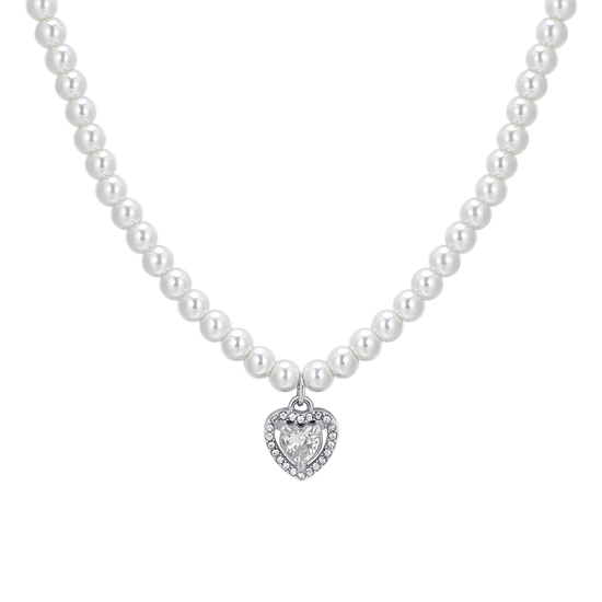 COLLANA DONNA IN ACCIAIO PERLE E CUORE ZIRCONE BIANCO