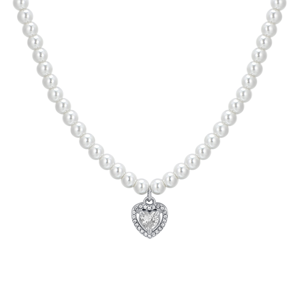 COLLANA DONNA IN ACCIAIO PERLE E CUORE ZIRCONE BIANCO