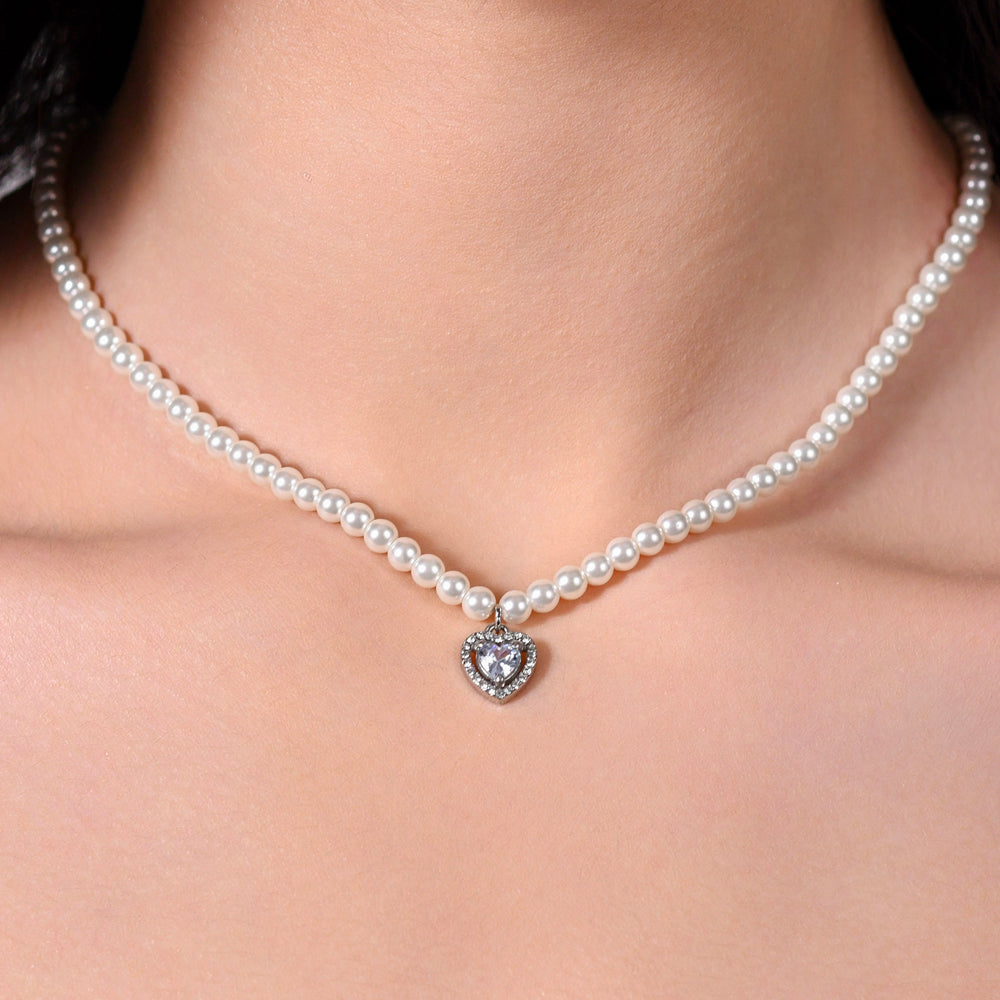 COLLANA DONNA IN ACCIAIO PERLE E CUORE ZIRCONE BIANCO