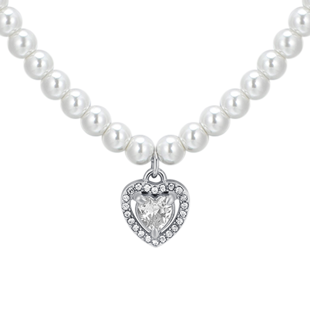 COLLANA DONNA IN ACCIAIO PERLE E CUORE ZIRCONE BIANCO