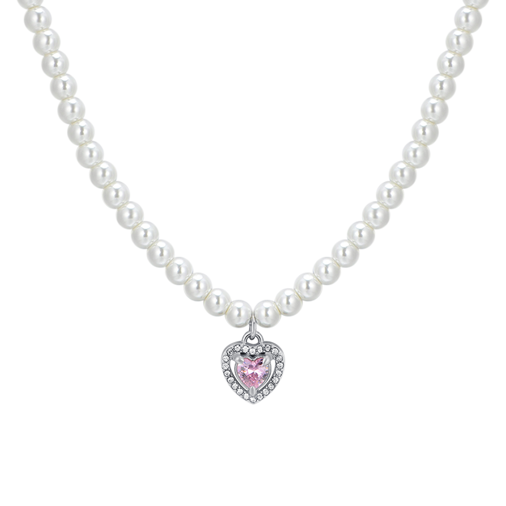 COLLANA DONNA IN ACCIAIO PERLE E CUORE ZIRCONE ROSA