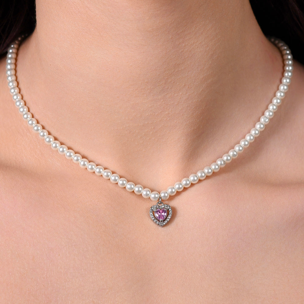 COLLANA DONNA IN ACCIAIO PERLE E CUORE ZIRCONE ROSA