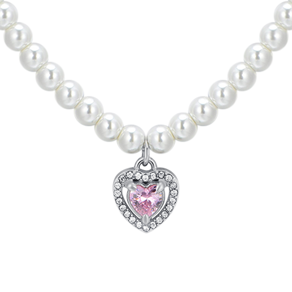 COLLANA DONNA IN ACCIAIO PERLE E CUORE ZIRCONE ROSA