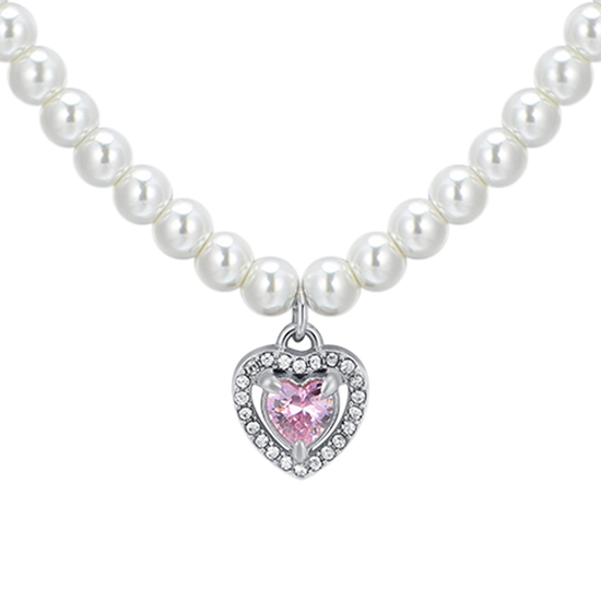 COLLANA DONNA IN ACCIAIO PERLE E CUORE ZIRCONE ROSA